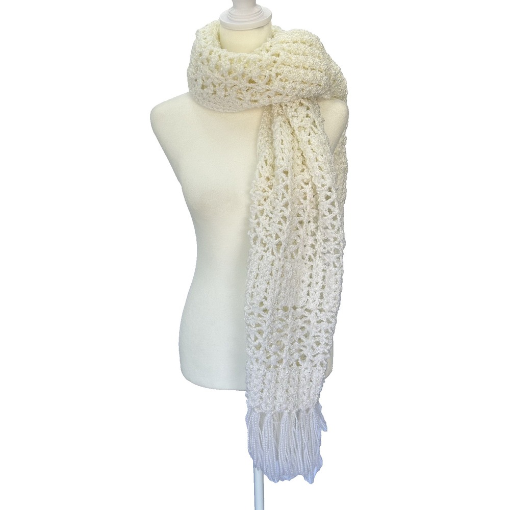 Crocheted White Shawl/Scarf Fall Boho Hippy Granny Retro Cottage Core Ethereal